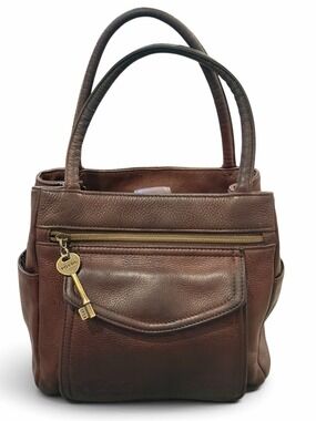 Fossil Brown Leather Tote Bag with Key Charm